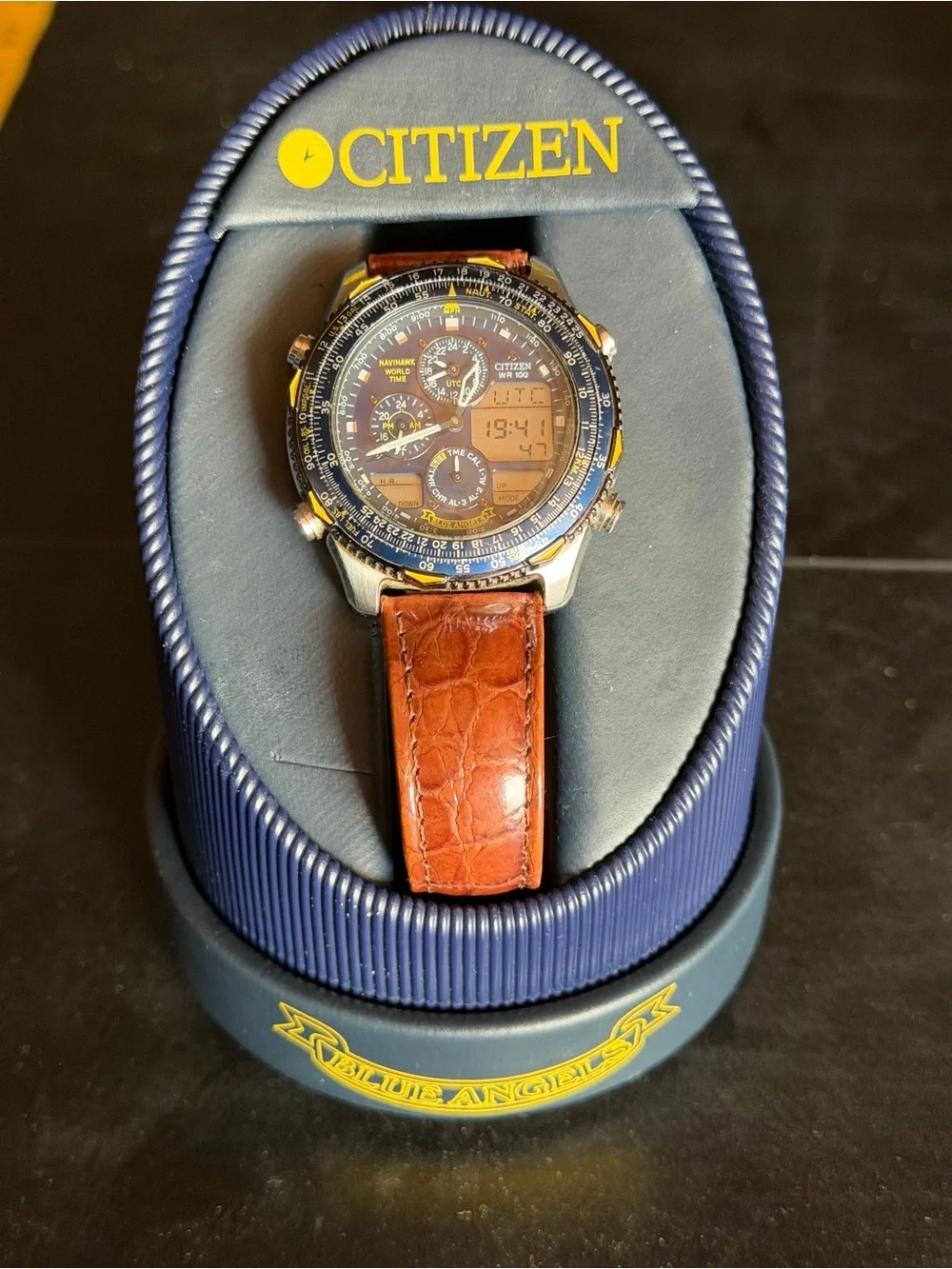 Citizen “Blue Angels” Navihawk World Time Watch - Blue Dial, Brown Strap